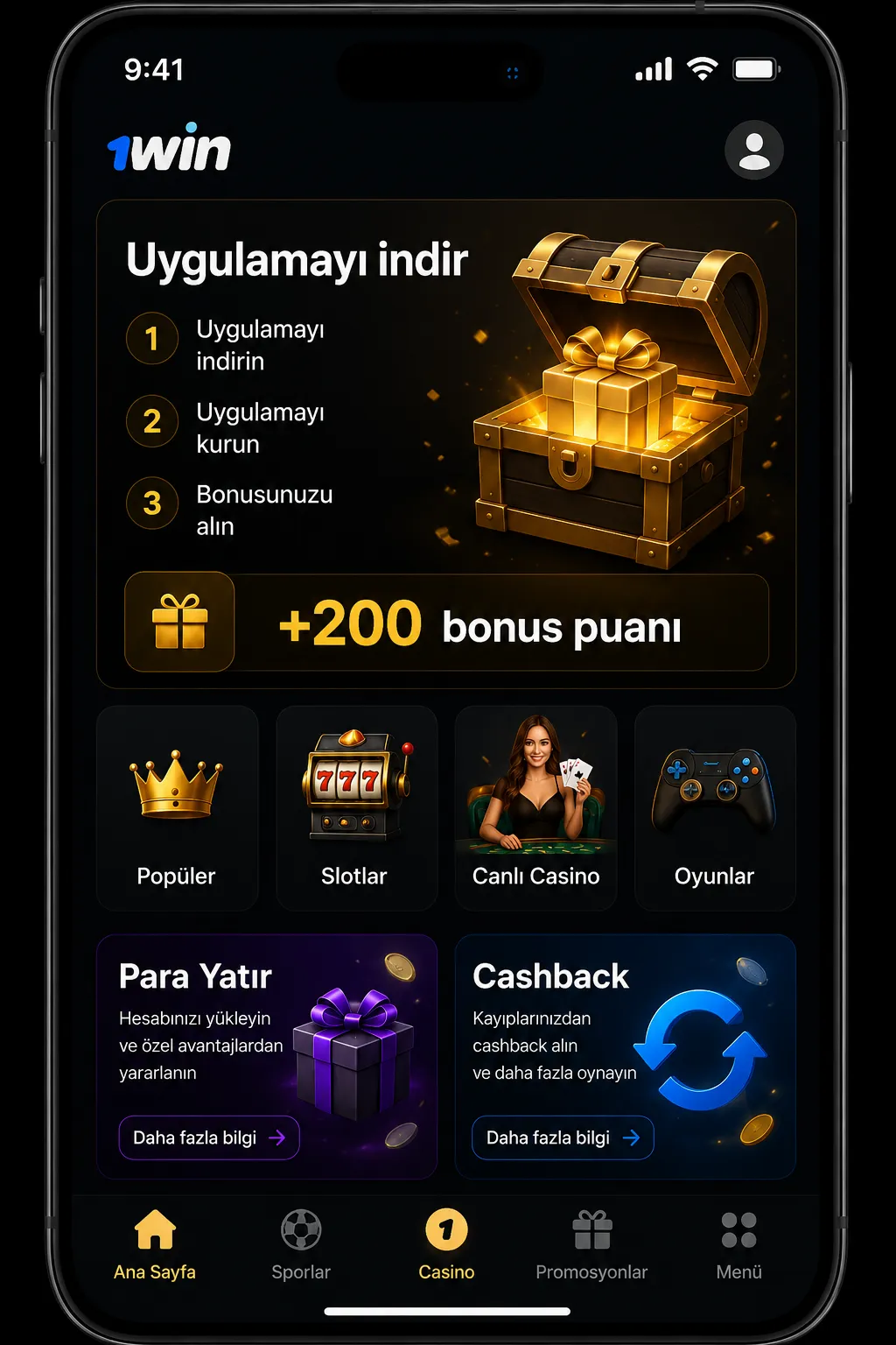1win app'e giriş yaptığınızda sizi ne karşılar