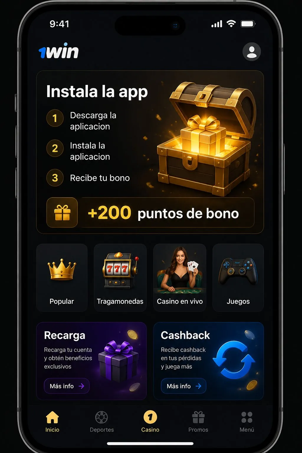 Qué encontrarás nada más iniciar sesión en la app — 1win app