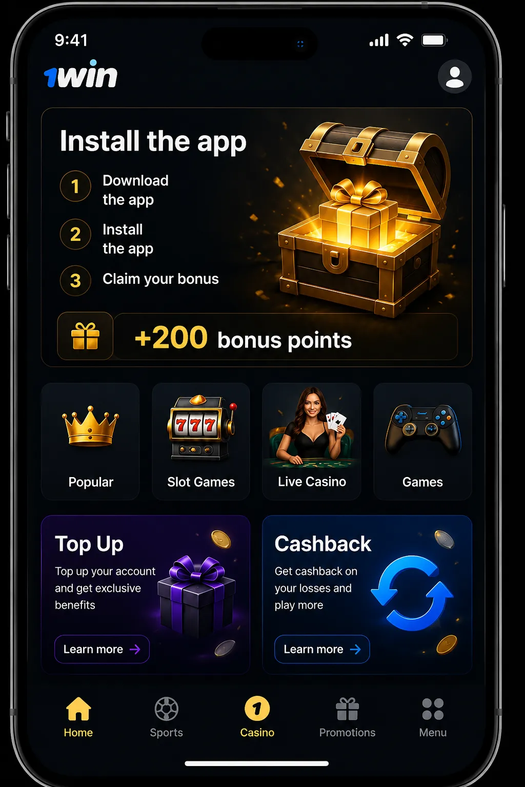 What you will find as soon as you log in to the app — 1win app